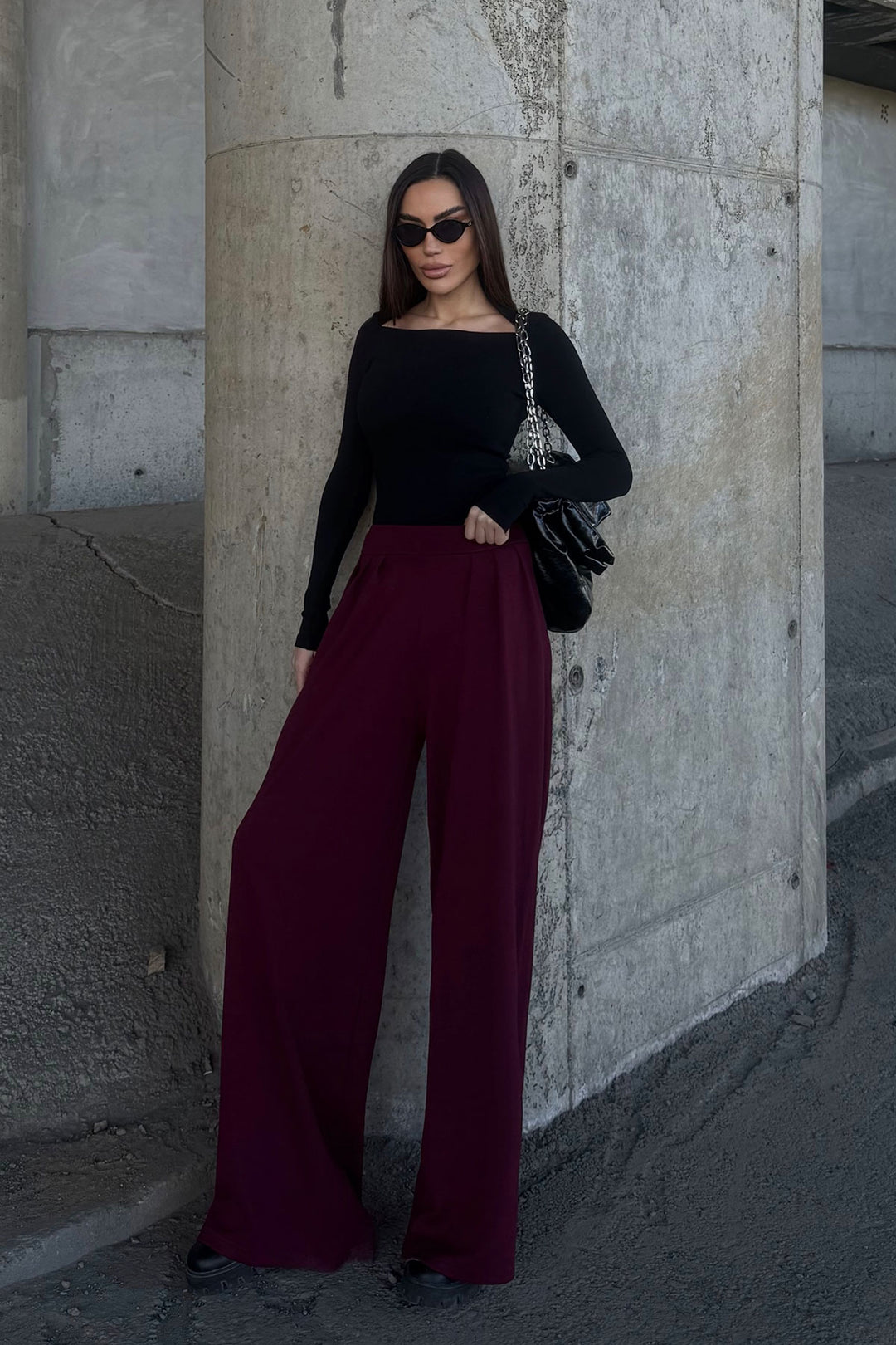 Burgundy Pile Detailed Spanish Ultra Soft Fabric Trousers BCDF-25P0002 - Elizabethtown