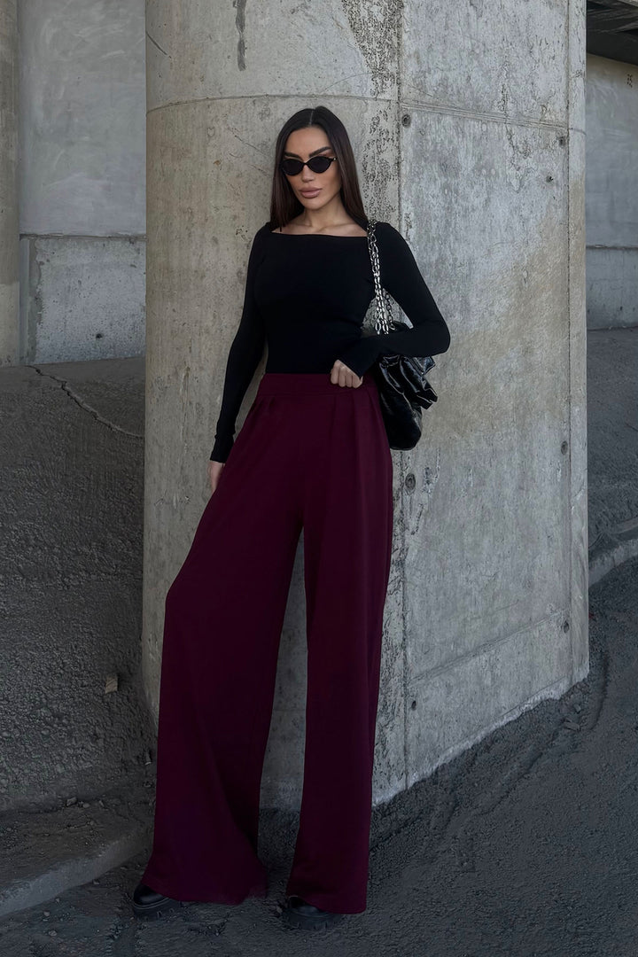Burgundy Pile Detailed Spanish Ultra Soft Fabric Trousers BCDF-25P0002 - Elizabethtown