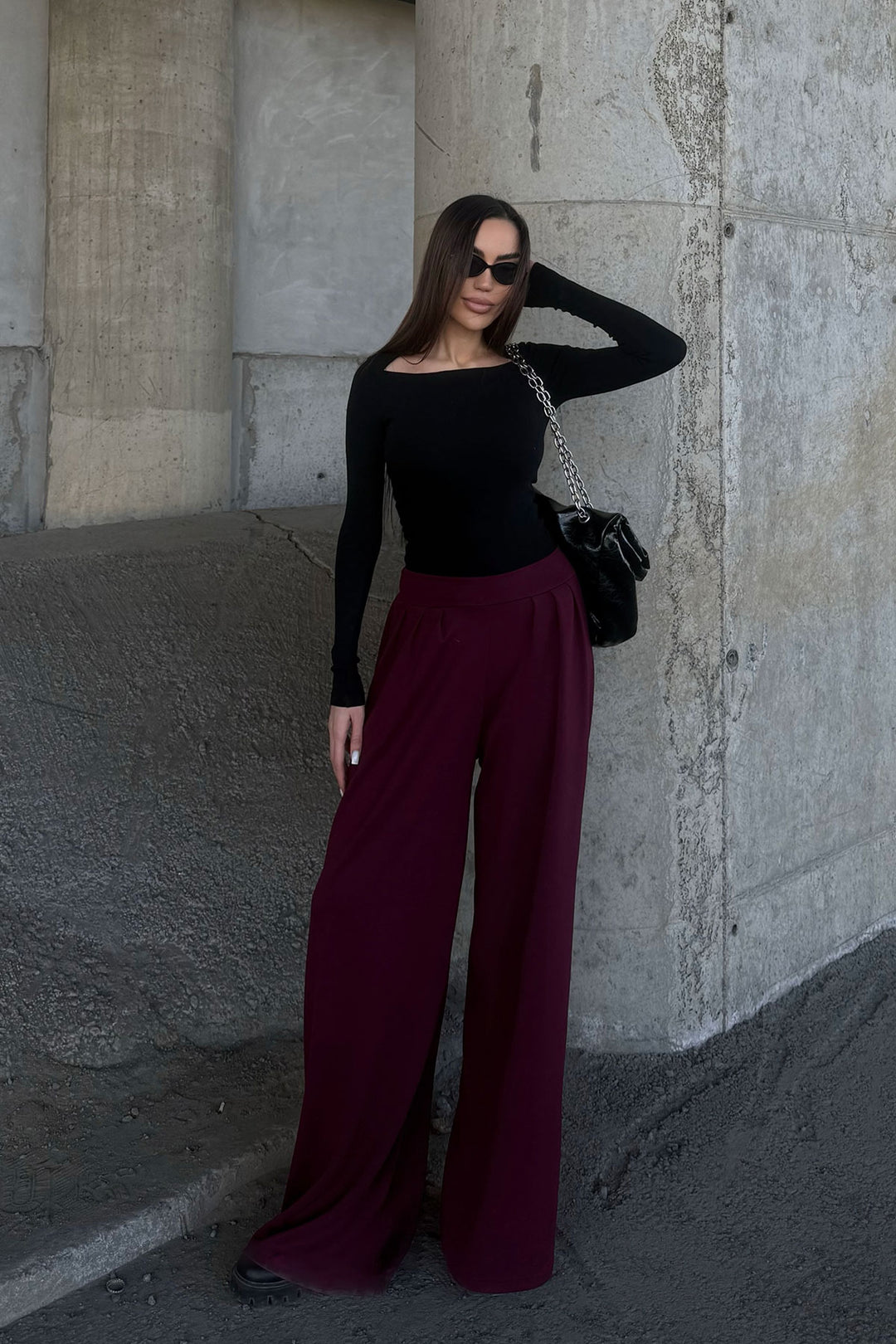 Burgundy Pile Detailed Spanish Ultra Soft Fabric Trousers BCDF-25P0002 - Elizabethtown