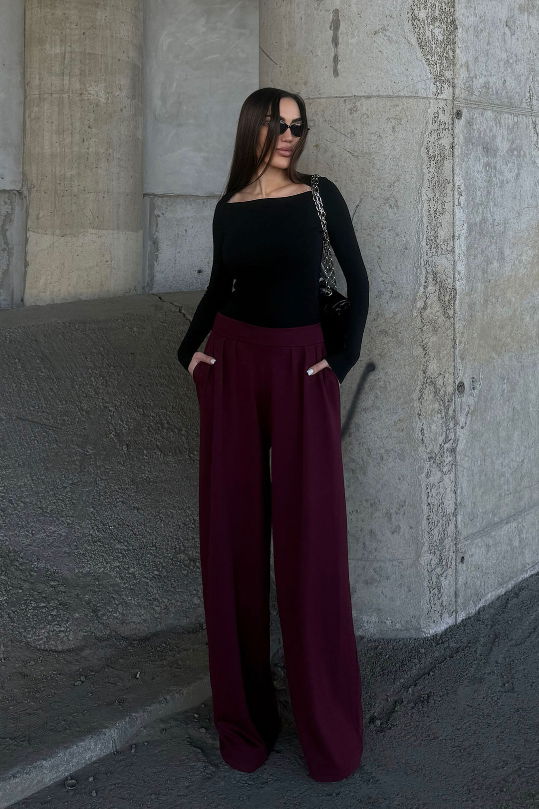 Burgundy Pile Detailed Spanish Ultra Soft Fabric Trousers BCDF-25P0002 - Elizabethtown