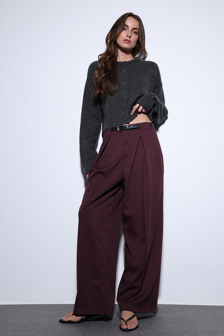 ANT Antioch Burgundy Pleated Wide Leg Women's Pants - Empoli