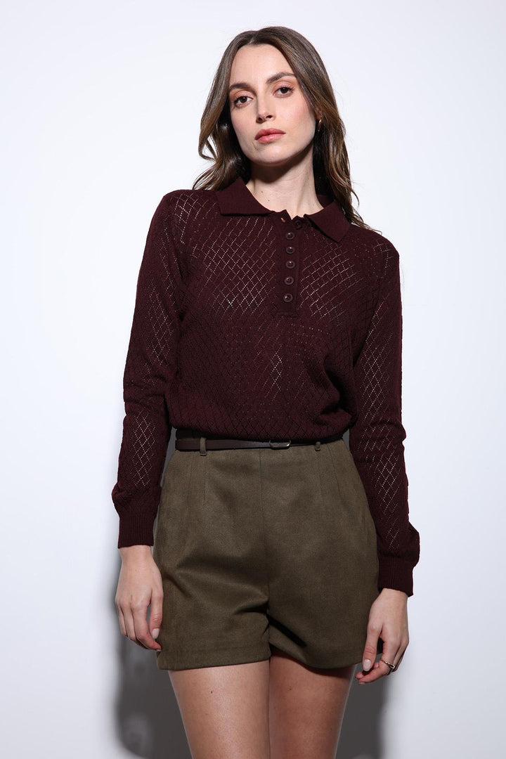 ANT Antioch Burgundy Polo Neck Patterned Knit Women's Sweater - Accrington