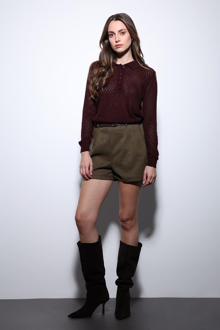 ANT Antioch Burgundy Polo Neck Patterned Knit Women's Sweater - Accrington