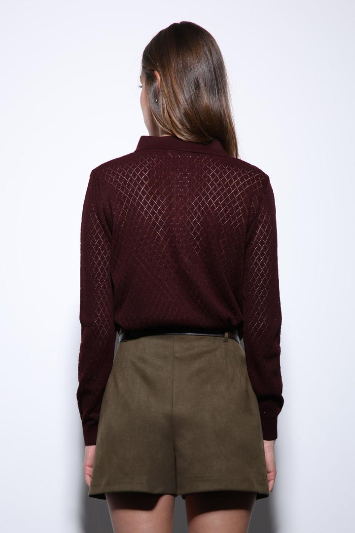 ANT Antioch Burgundy Polo Neck Patterned Knit Women's Sweater - Accrington