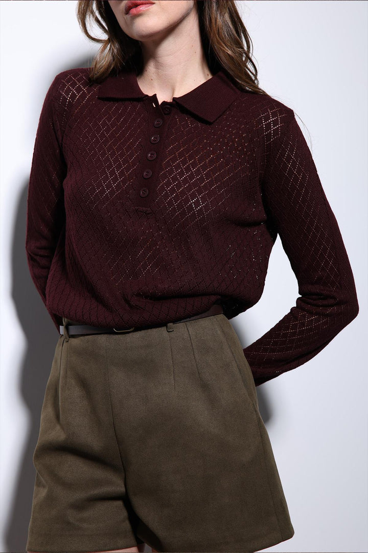 ANT Antioch Burgundy Polo Neck Patterned Knit Women's Sweater - Accrington
