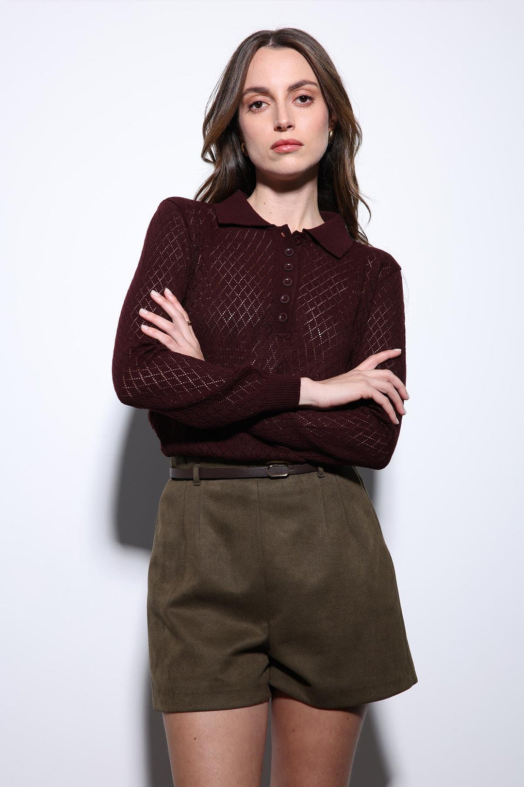 ANT Antioch Burgundy Polo Neck Patterned Knit Women's Sweater - Accrington