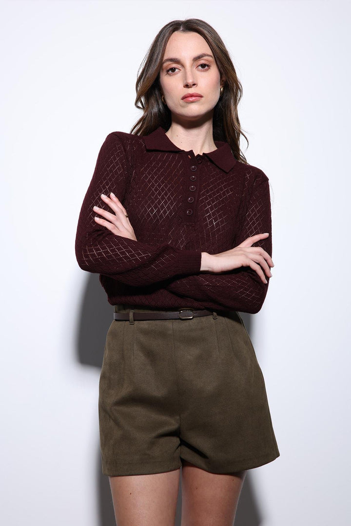 ANT Antioch Burgundy Polo Neck Patterned Knit Women's Sweater - Accrington