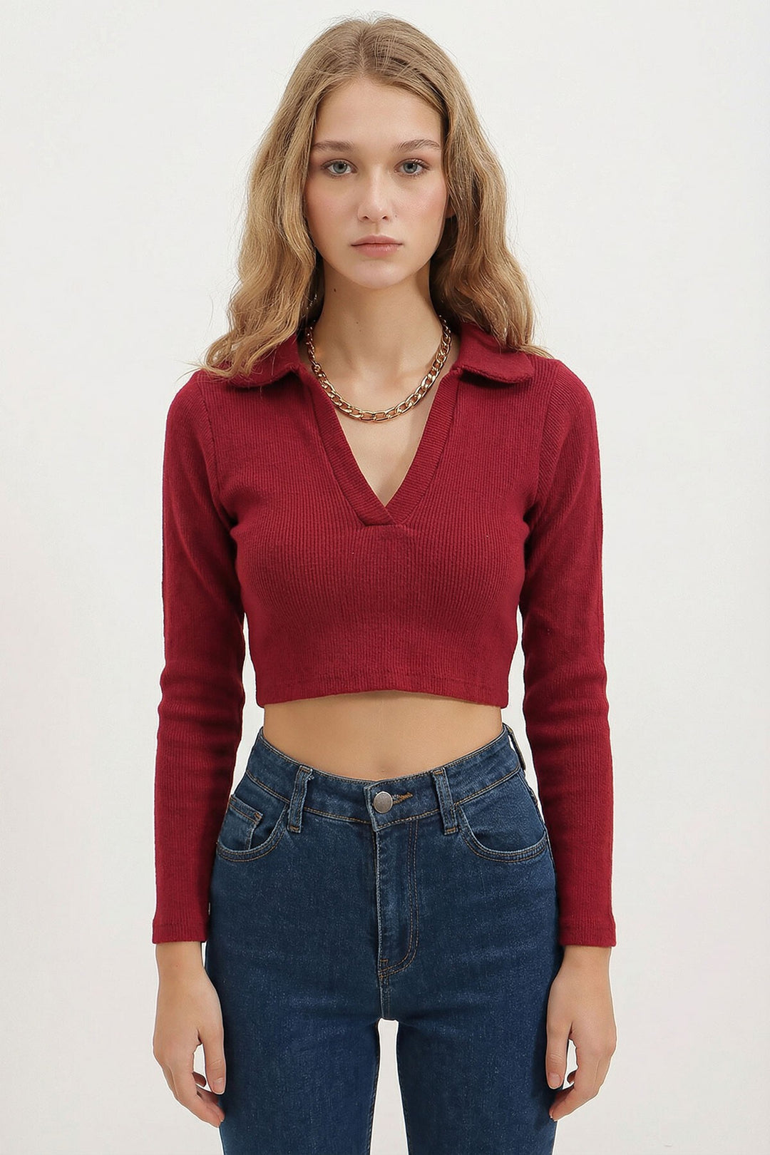 Bordo Polo Yaka Fitilli Yumuşak Dokulu Crop Bluz - Saint-Herblain