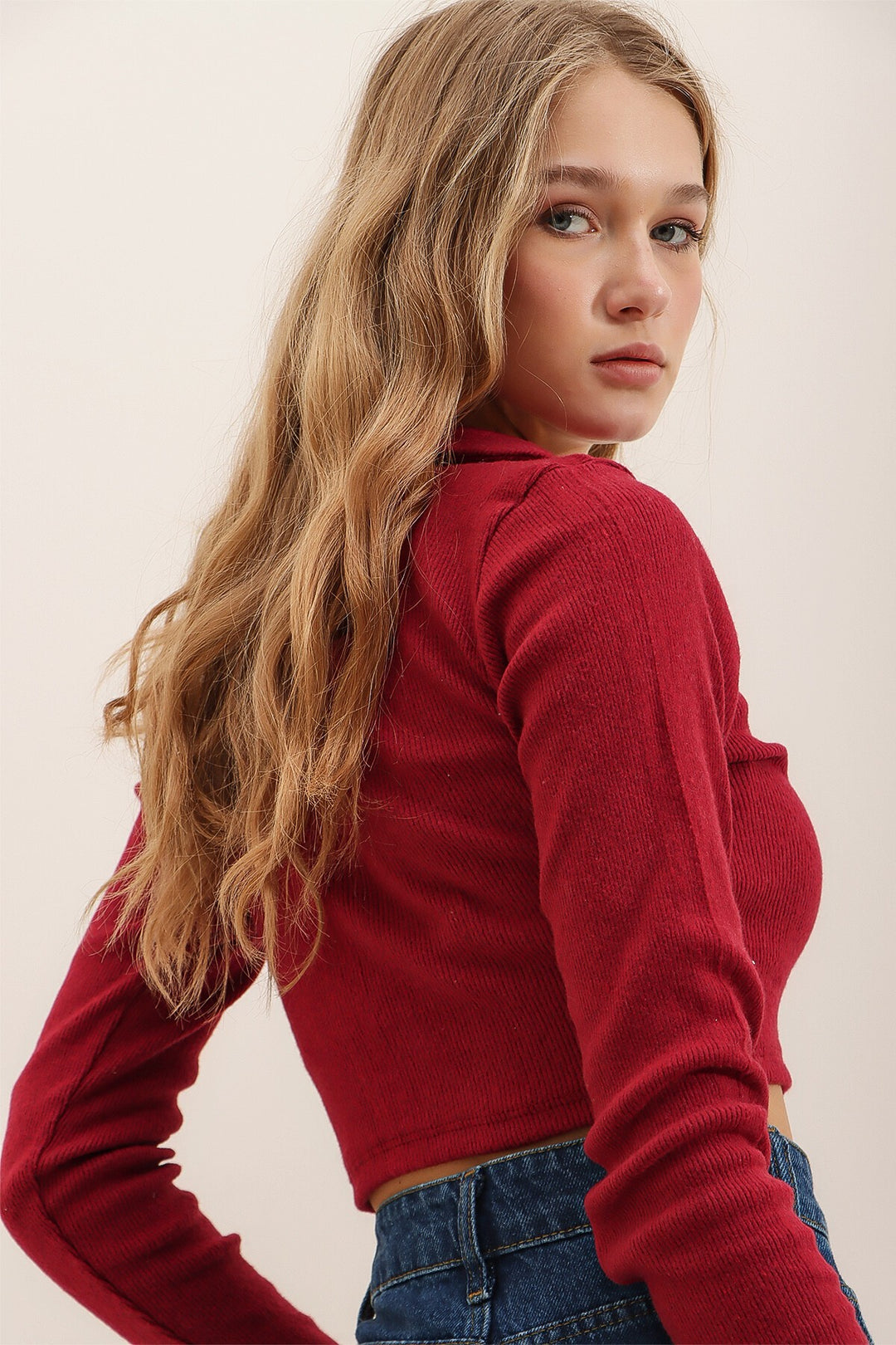 Bordo Polo Yaka Fitilli Yumuşak Dokulu Crop Bluz - Saint-Herblain