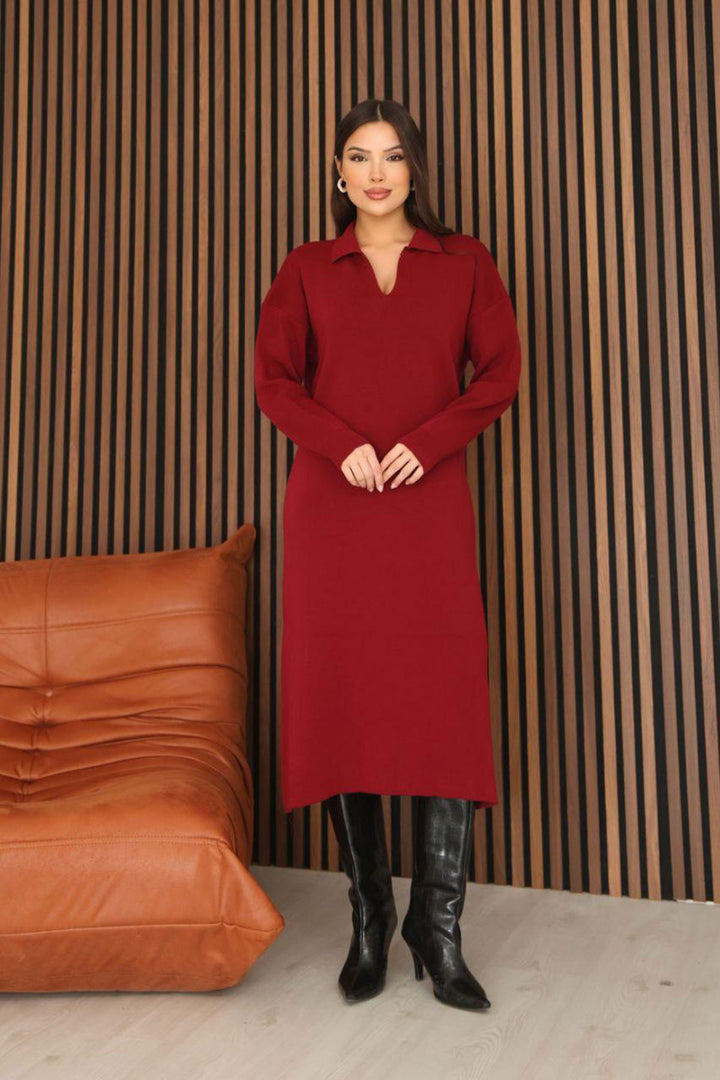 Bordo Polo Yaka Midi Boy Triko Elbise BCES-253018 - Stralsund