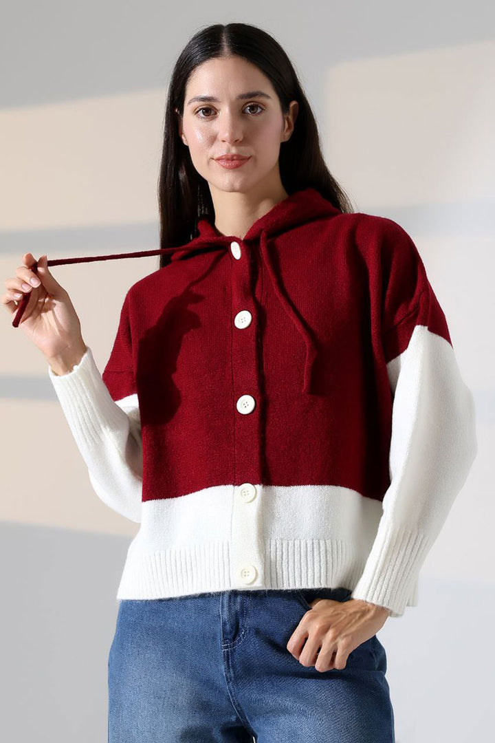 Burgundy Color Block Hooded Buttoned Cardigan BCES-252017 - Dallas