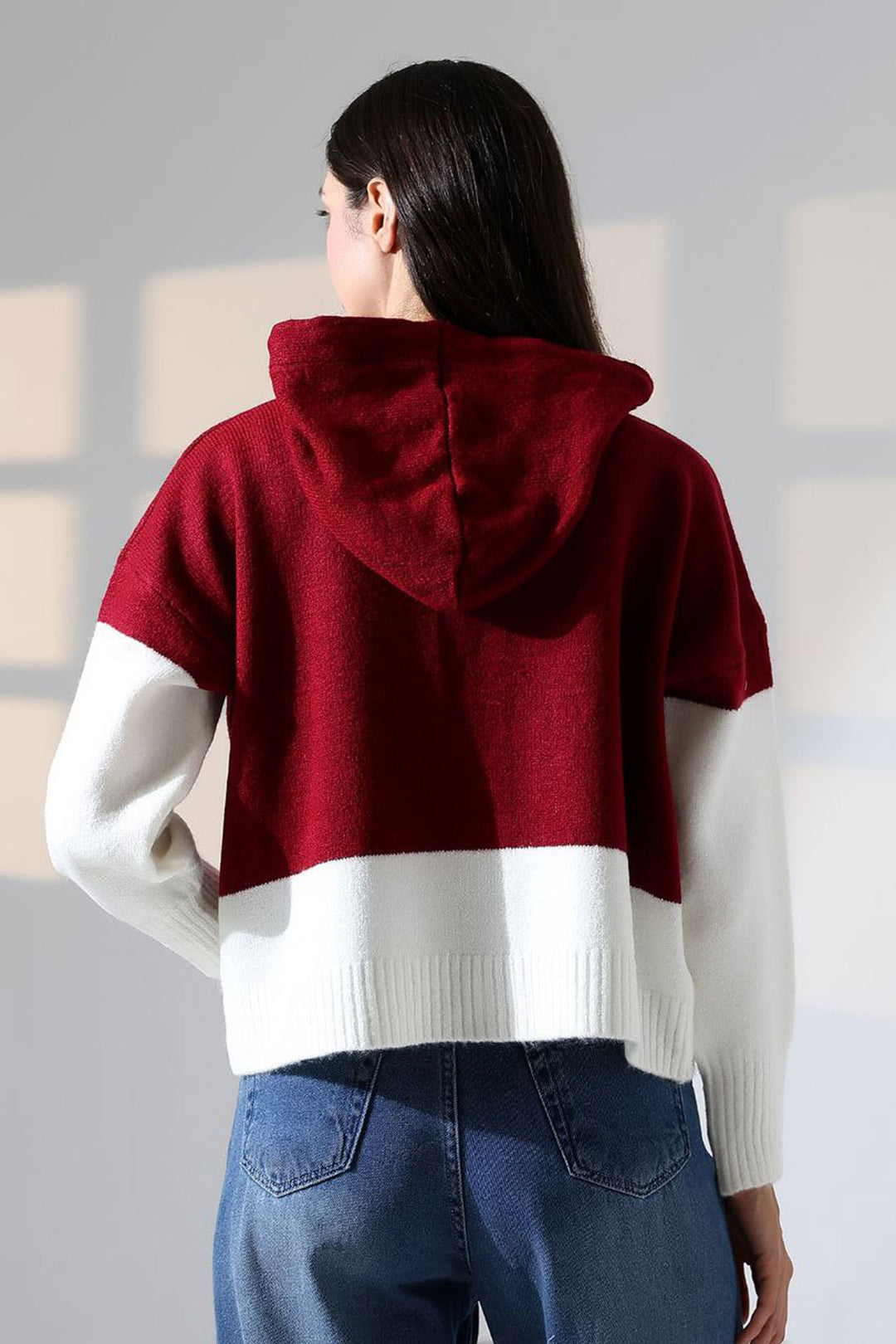 Burgundy Color Block Hooded Buttoned Cardigan BCES-252017 - Dallas