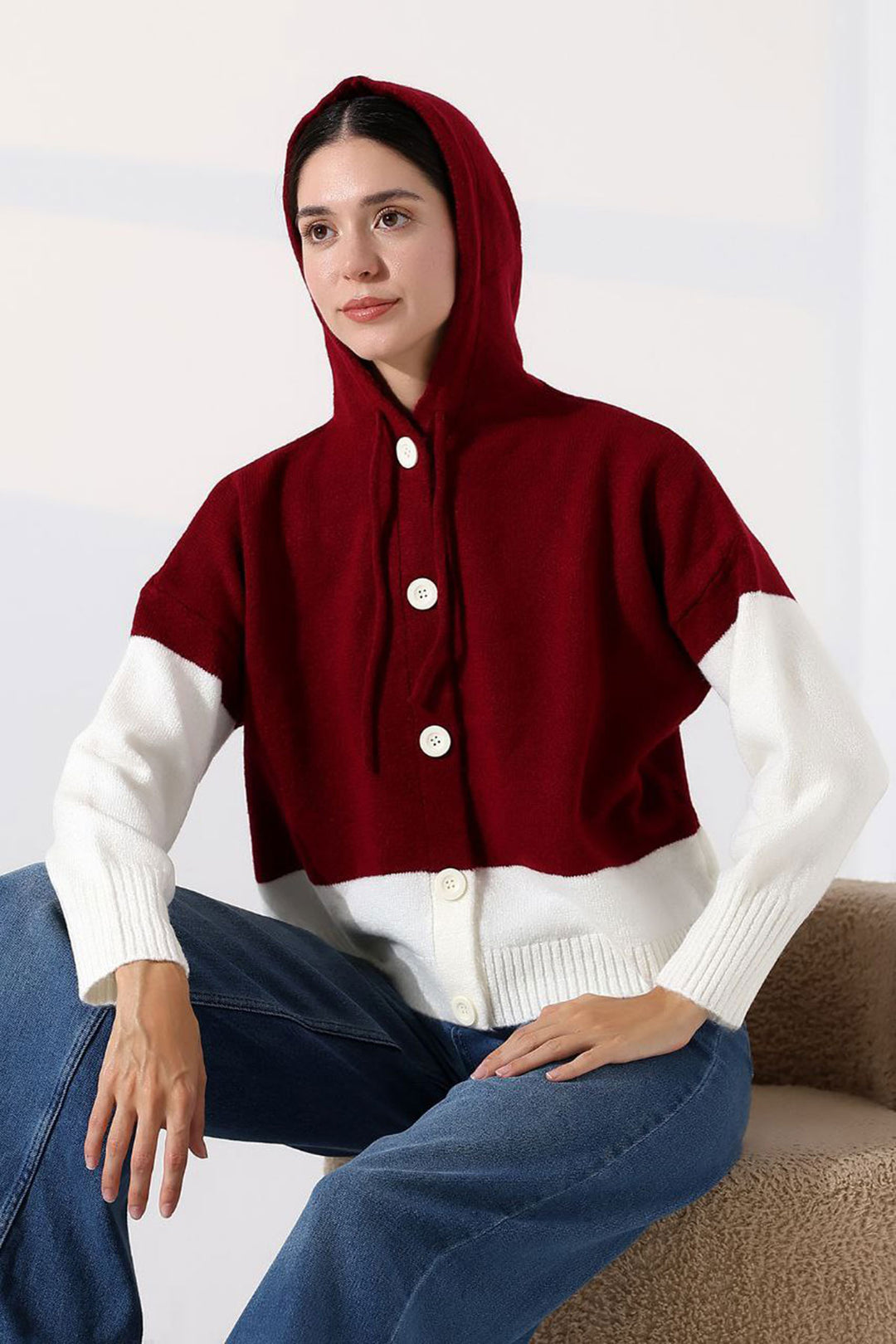 Burgundy Color Block Hooded Buttoned Cardigan BCES-252017 - Dallas