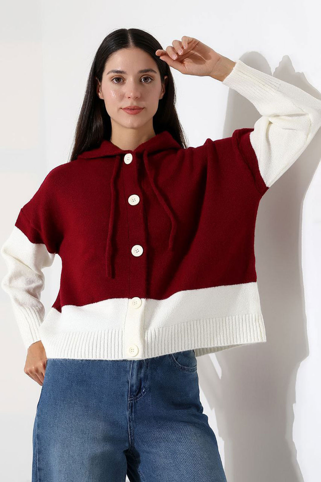 Burgundy Color Block Hooded Buttoned Cardigan BCES-252017 - Dallas