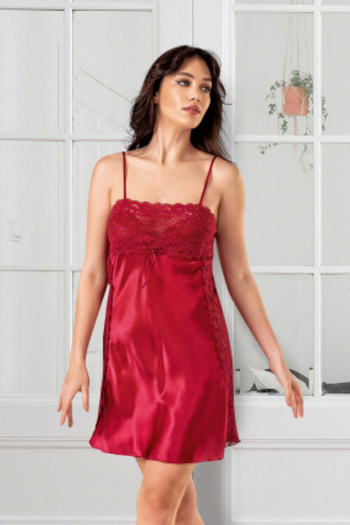 Burgundy Satin Nightgown and Robe Set with Lace and Guipure BCAN-251725AS - Lubny