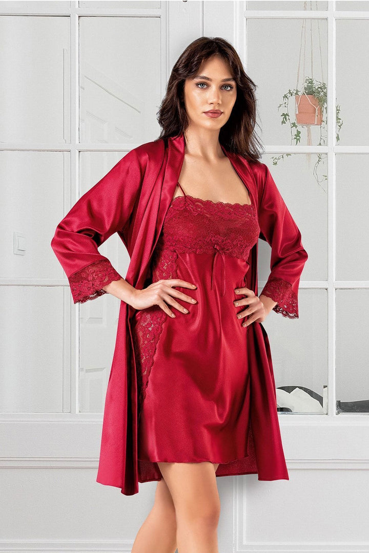 Burgundy Satin Nightgown and Robe Set with Lace and Guipure BCAN-251725AS - Lubny