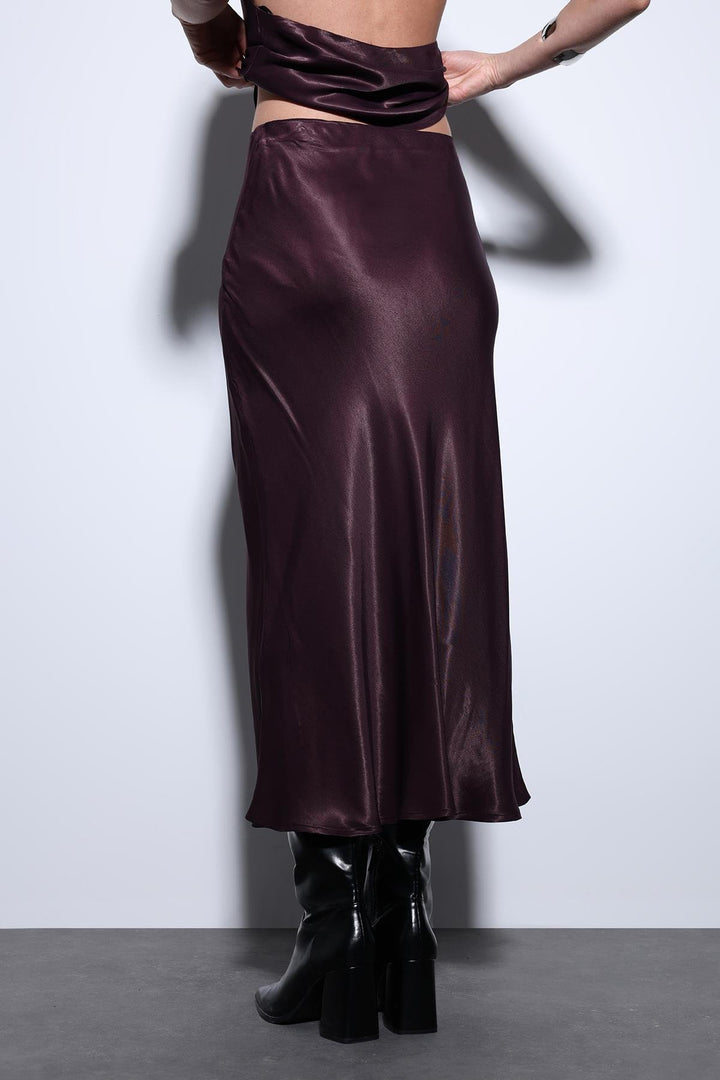 ANT Antioch Bordo Saten Midi Etek - Mirabel