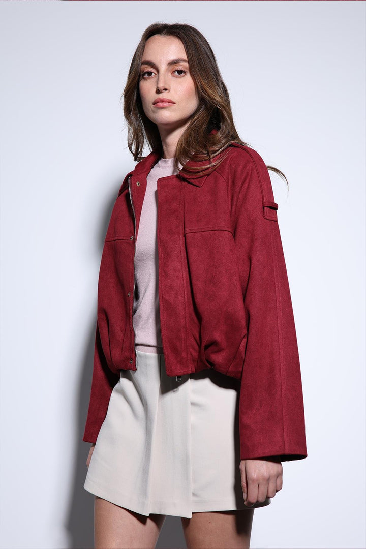 ANT Antioch Burgundy Suede-Look Bomber Women's Jacket - Ilioúpoli