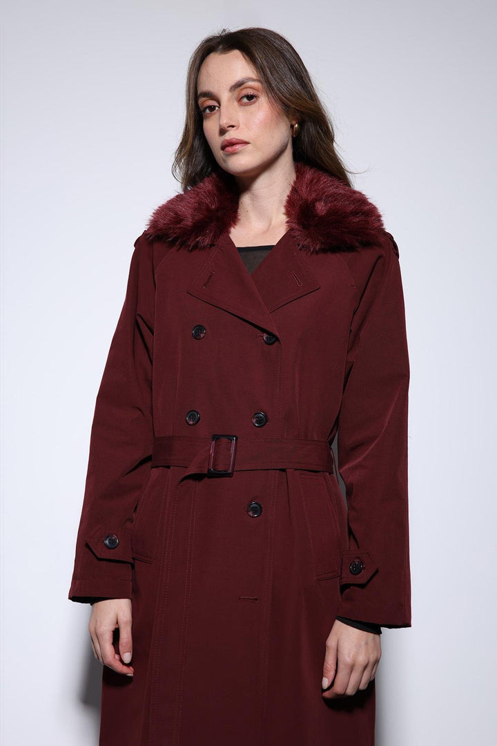 ANT Antioch Bordeaux Faux Fur Collar Women's Trench Coat - Yeovil