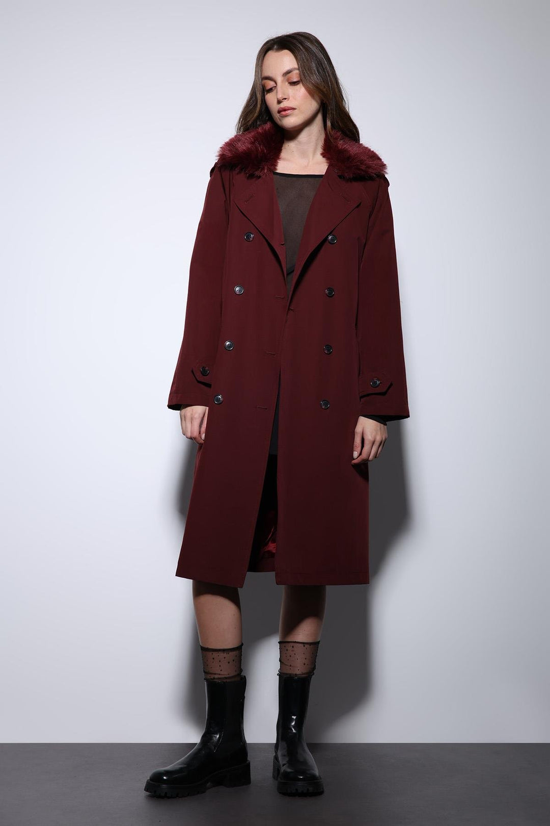 ANT Antioch Bordeaux Faux Fur Collar Women's Trench Coat - Yeovil
