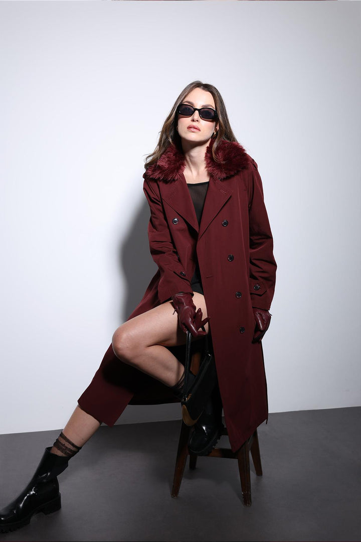 ANT Antioch Bordeaux Faux Fur Collar Women's Trench Coat - Yeovil