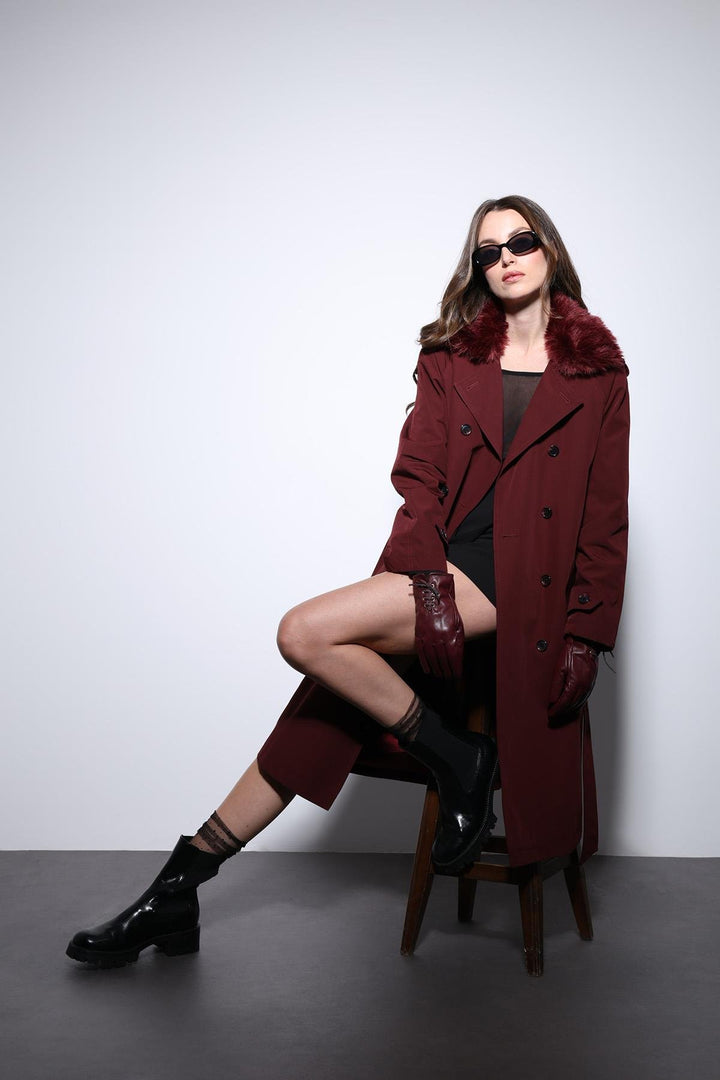 ANT Antioch Bordeaux Faux Fur Collar Women's Trench Coat - Yeovil