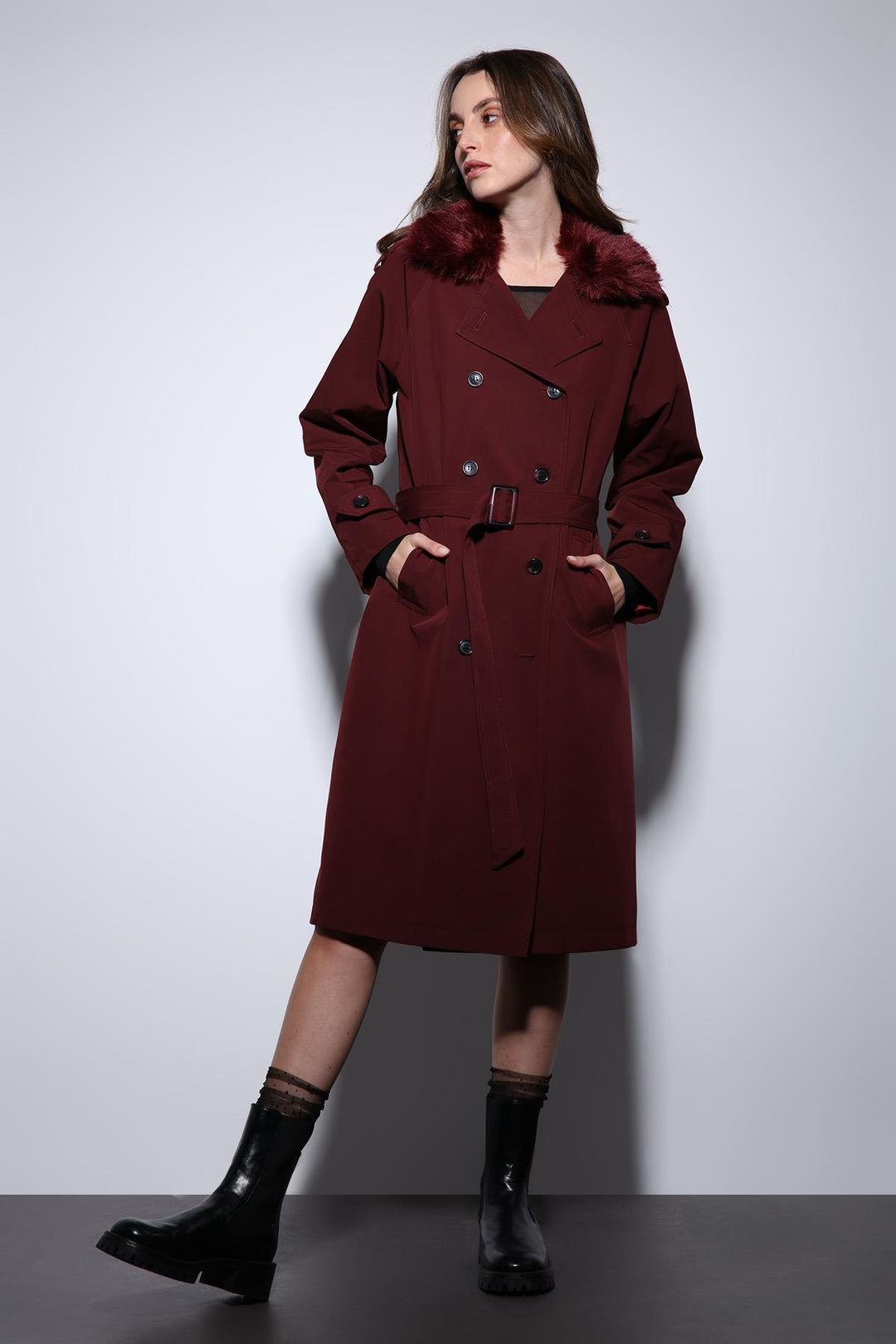 ANT Antioch Bordeaux Faux Fur Collar Women's Trench Coat - Yeovil