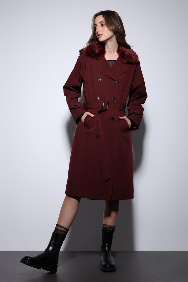 ANT Antioch Bordeaux Faux Fur Collar Women's Trench Coat - Yeovil