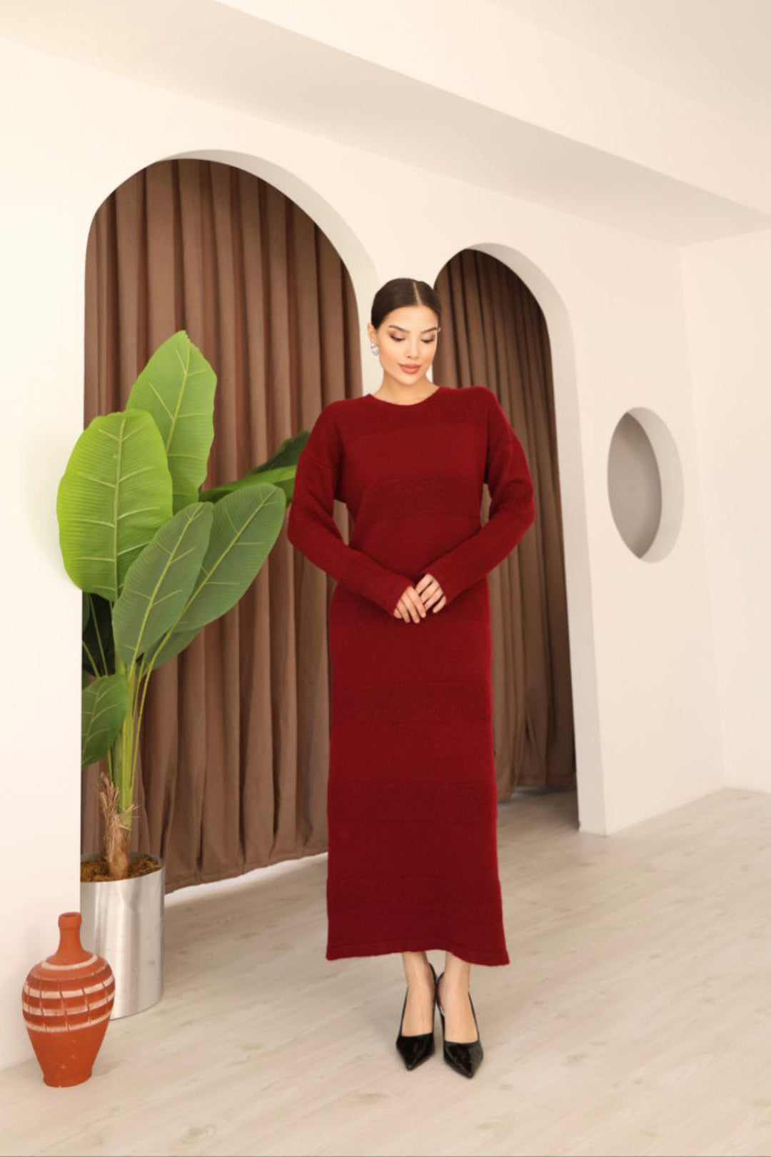 Burgundy Long Sleeve Maxi Knit Dress BCES-253004 - Islip
