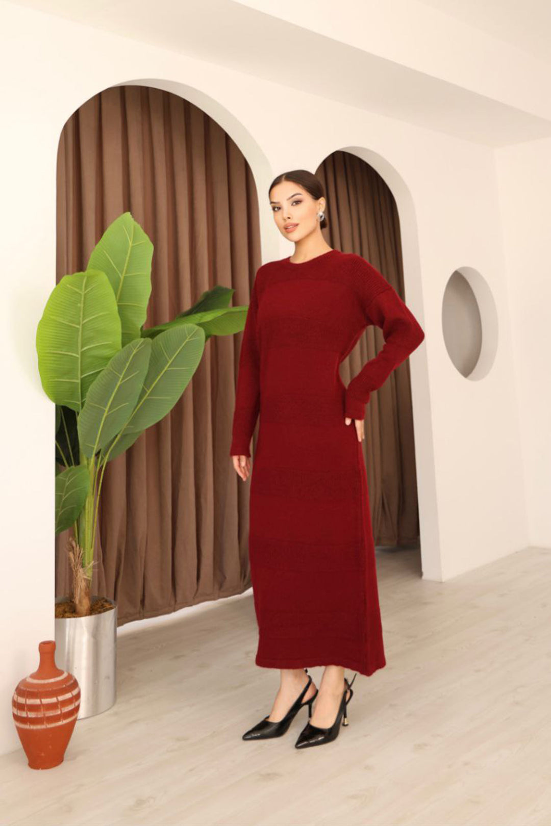 Burgundy Long Sleeve Maxi Knit Dress BCES-253004 - Islip