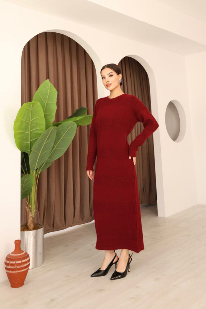 Burgundy Long Sleeve Maxi Knit Dress BCES-253004 - Islip