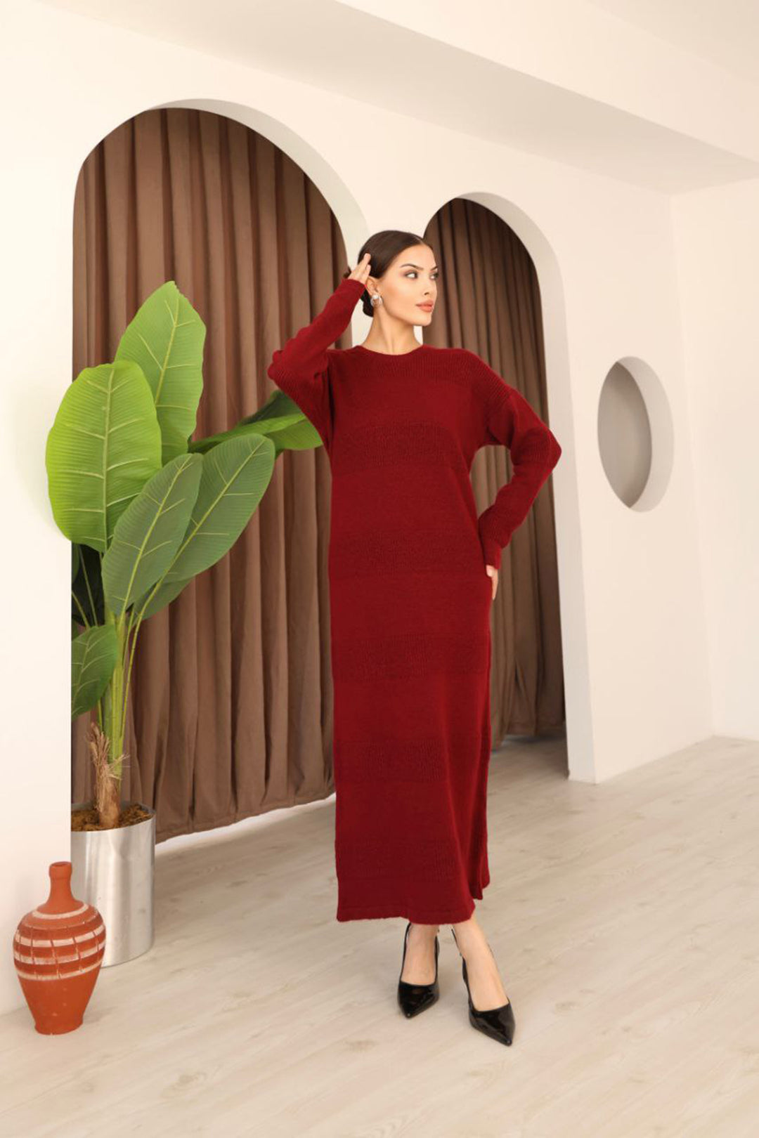 Burgundy Long Sleeve Maxi Knit Dress BCES-253004 - Islip