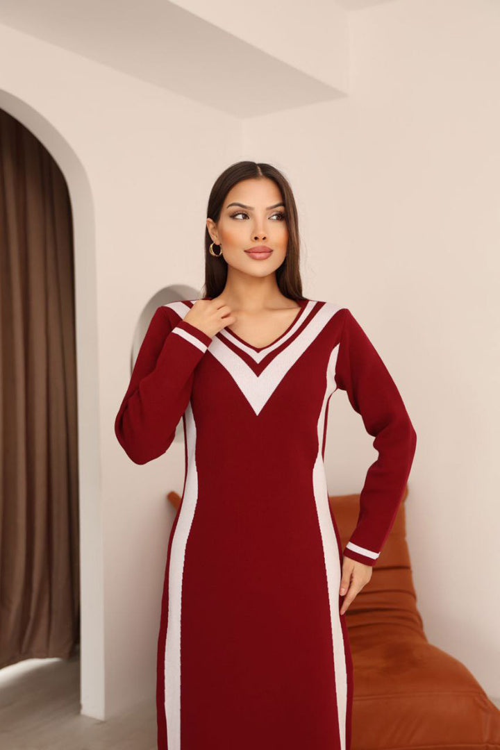 Bordo V Yaka Çizgi Bloklu Triko Elbise BCES-253007 - Dzhankoi