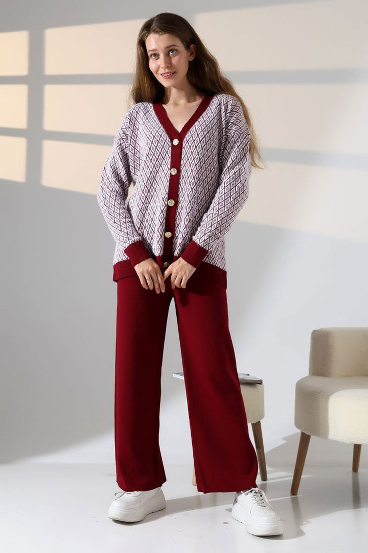 Burgundy V-Neck Buttoned Cardigan and Pants Top Bottom Knit Set BCES-252011 - Chetumal