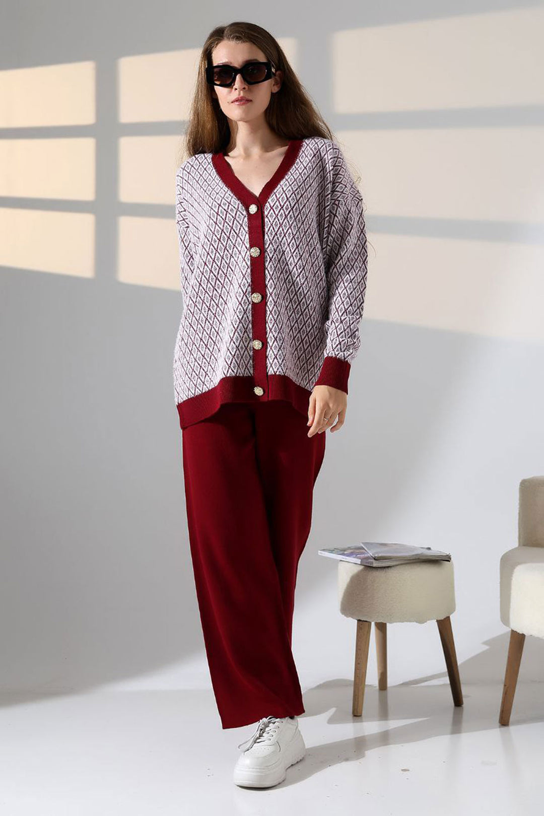 Burgundy V-Neck Buttoned Cardigan and Pants Top Bottom Knit Set BCES-252011 - Chetumal