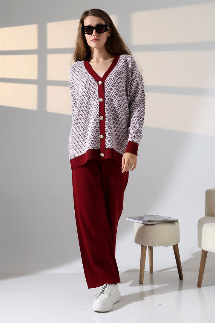 Burgundy V-Neck Buttoned Cardigan and Pants Top Bottom Knit Set BCES-252011 - Chetumal