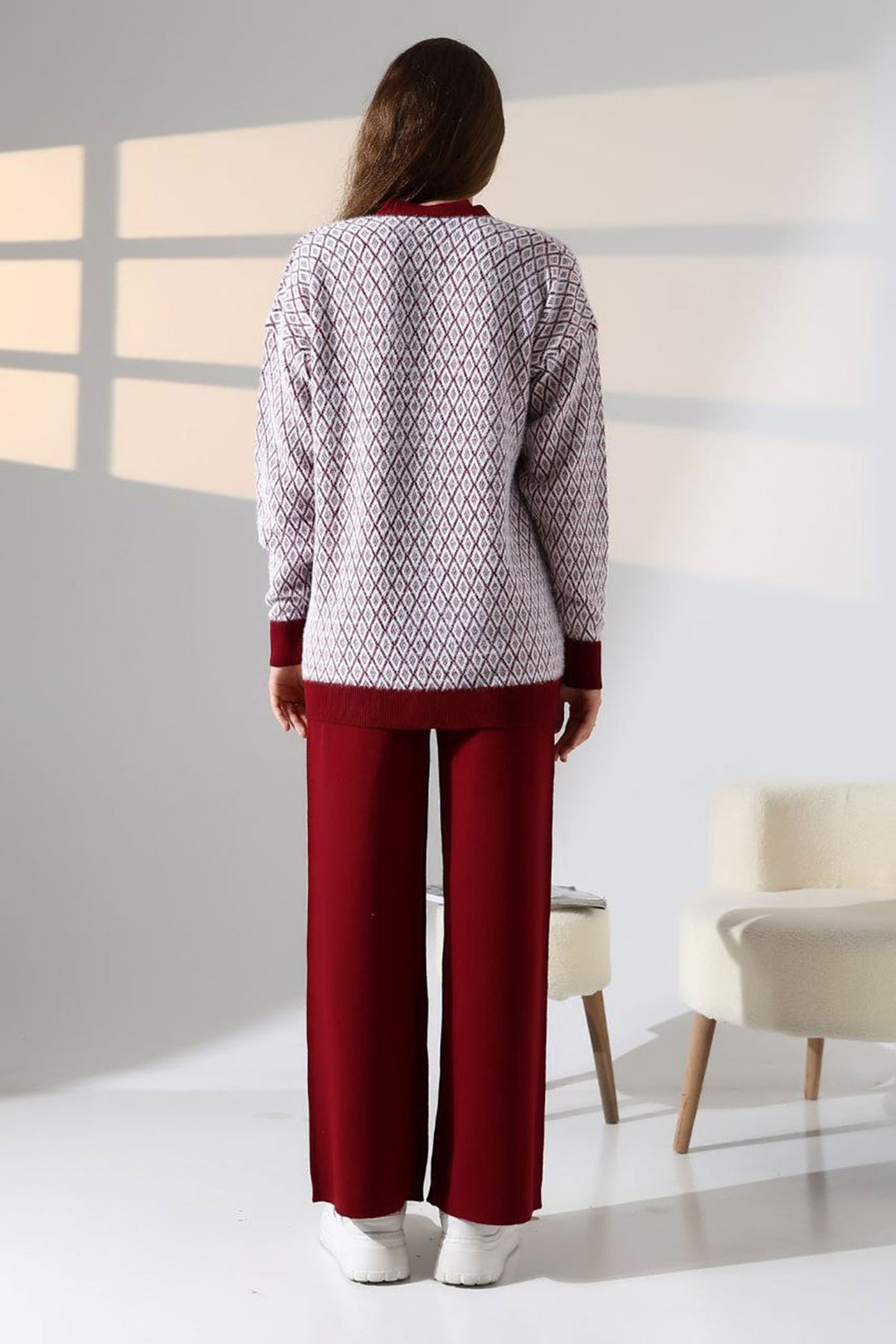 Burgundy V-Neck Buttoned Cardigan and Pants Top Bottom Knit Set BCES-252011 - Chetumal