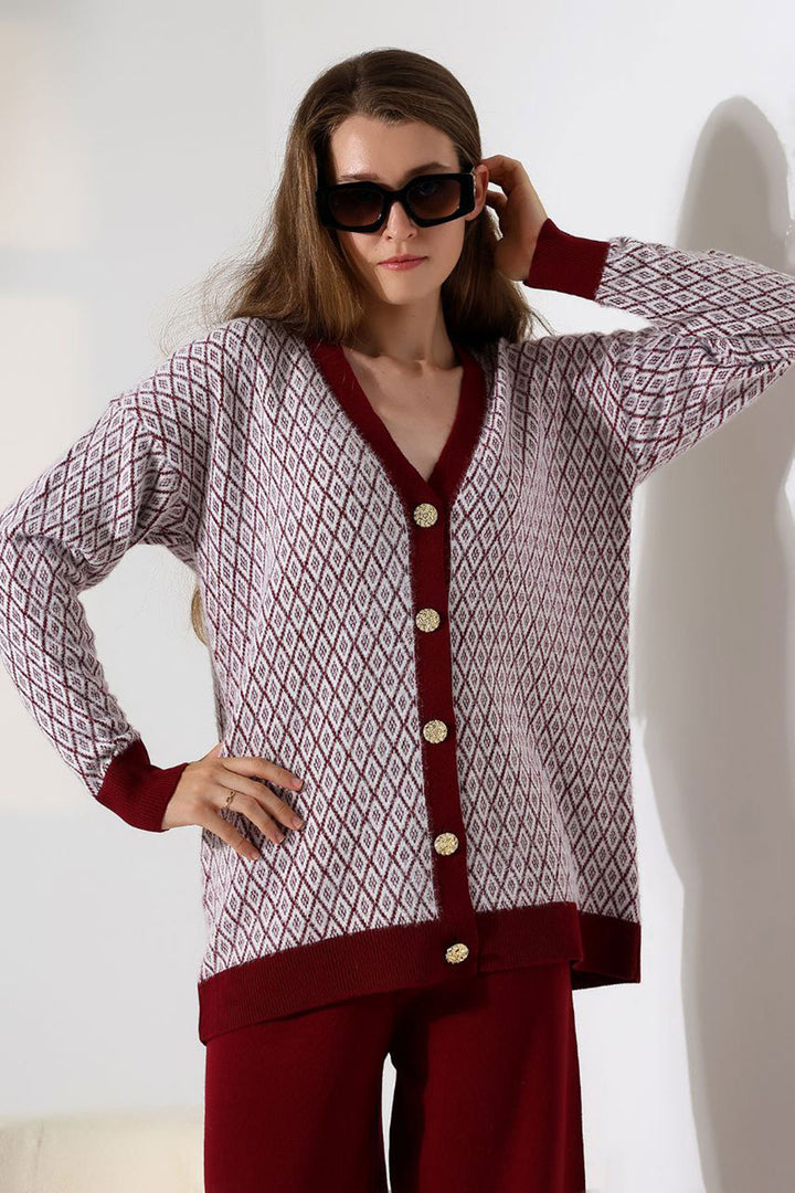 Burgundy V-Neck Buttoned Cardigan and Pants Top Bottom Knit Set BCES-252011 - Chetumal