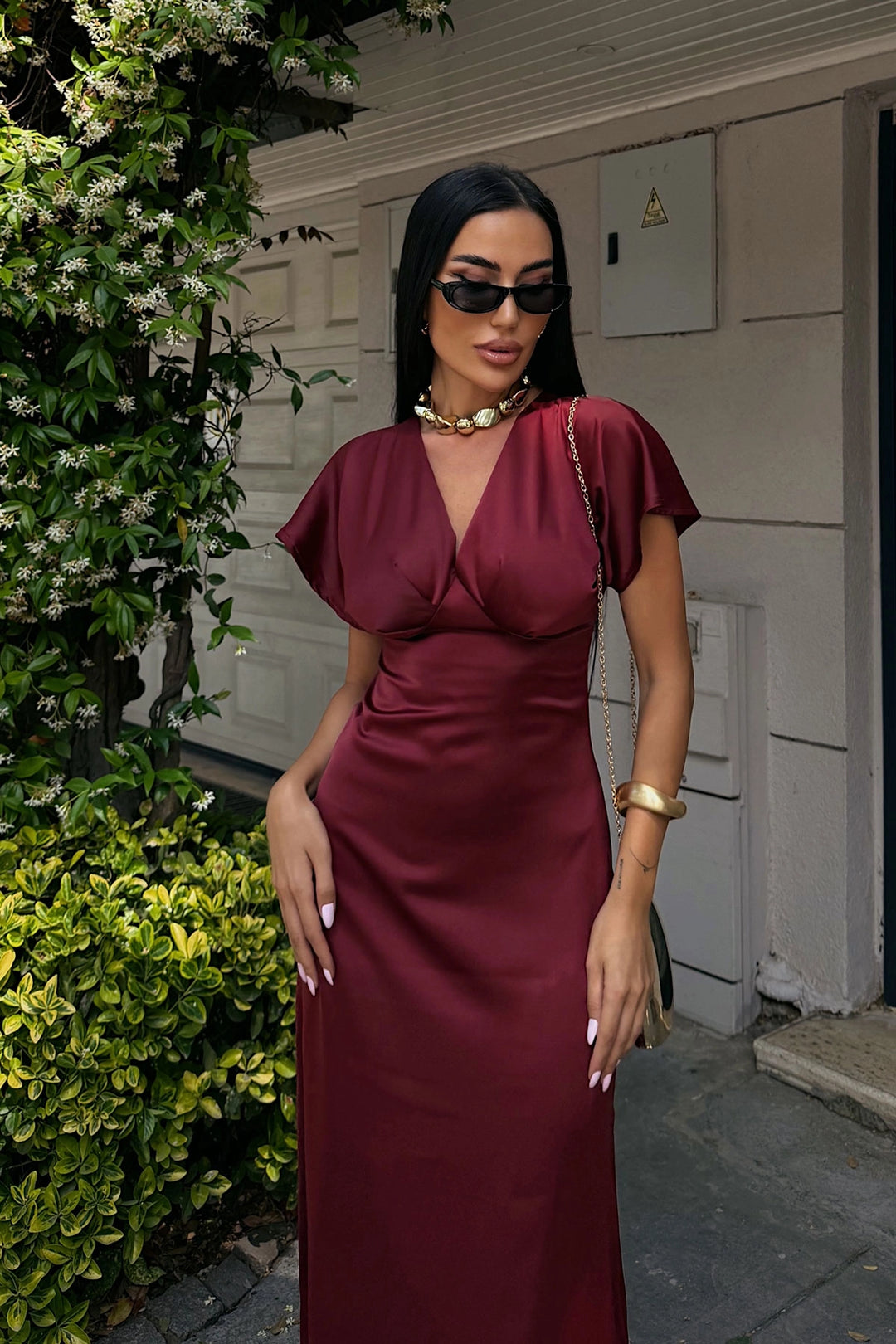 Burgundy V-Neck Chest Draped Satin Dress BCDF-252217 - Billingham