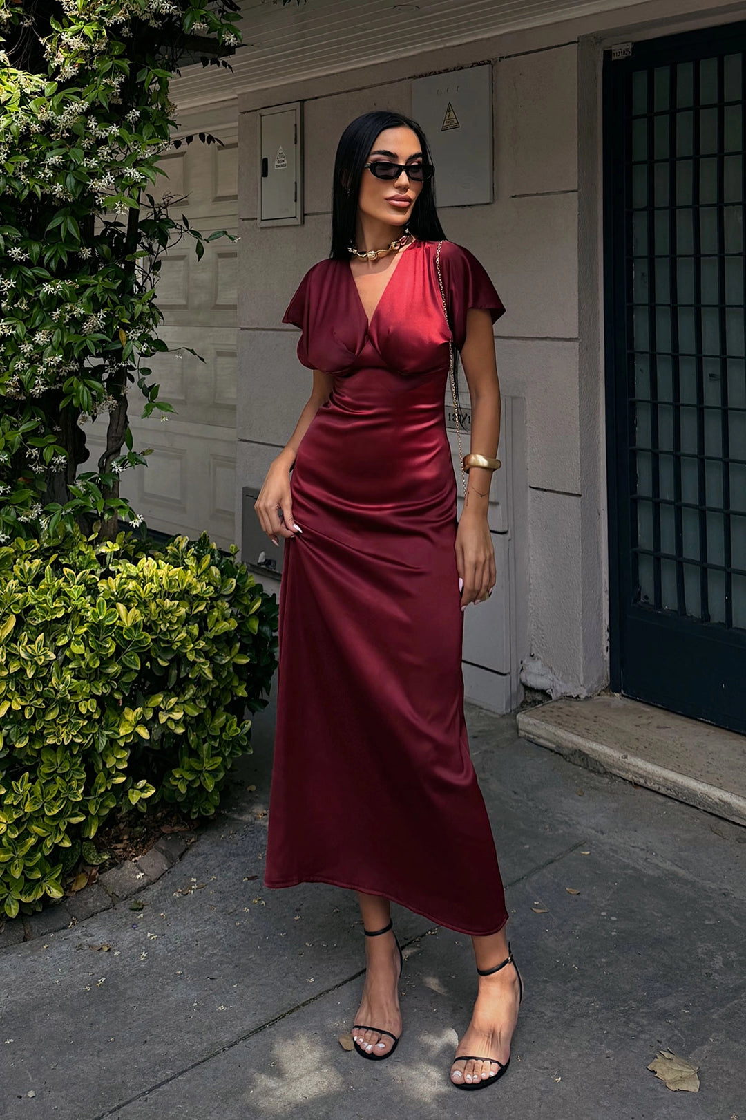 Burgundy V-Neck Chest Draped Satin Dress BCDF-252217 - Billingham