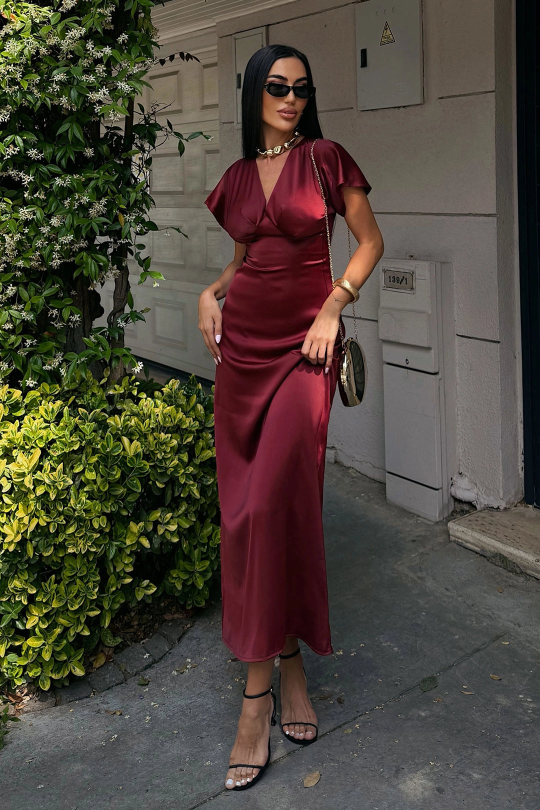 Burgundy V-Neck Chest Draped Satin Dress BCDF-252217 - Billingham