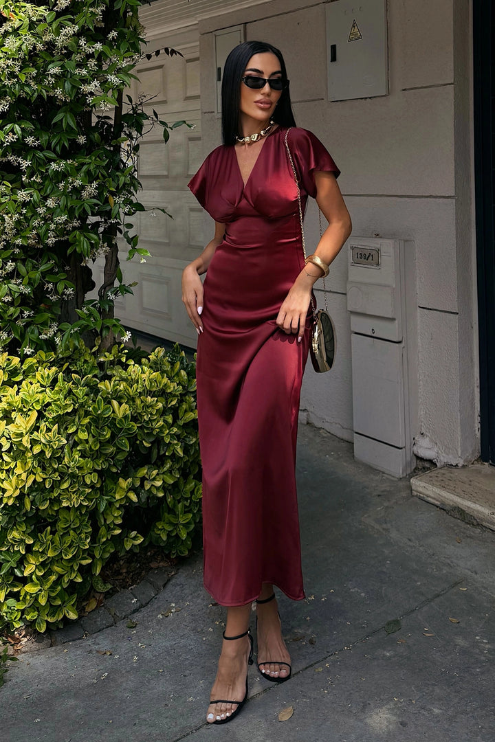 Burgundy V-Neck Chest Draped Satin Dress BCDF-252217 - Billingham