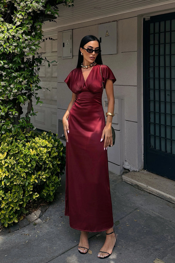 Burgundy V-Neck Chest Draped Satin Dress BCDF-252217 - Billingham