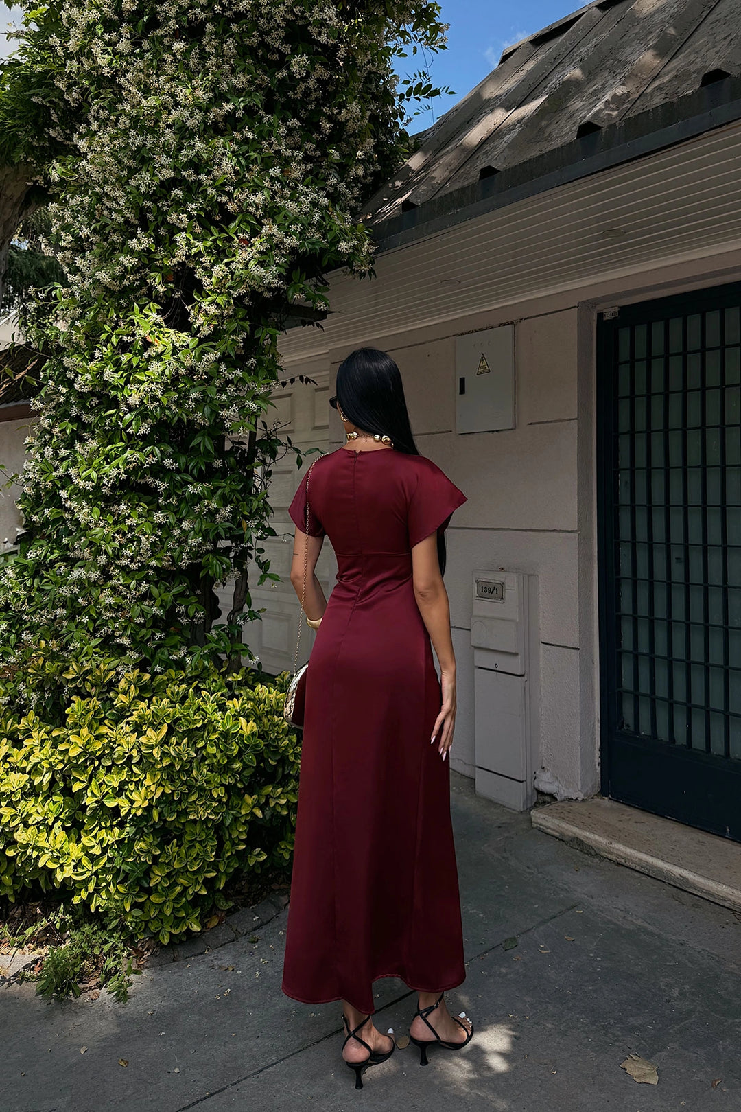 Burgundy V-Neck Chest Draped Satin Dress BCDF-252217 - Billingham