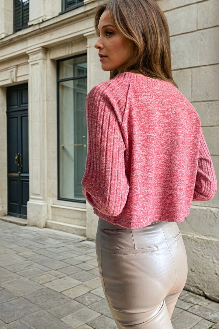 Burgundy V-Neck Self-Knitted Raglan Sleeve Crop Sweater BCBSK-25700-3327 - Oosterhout