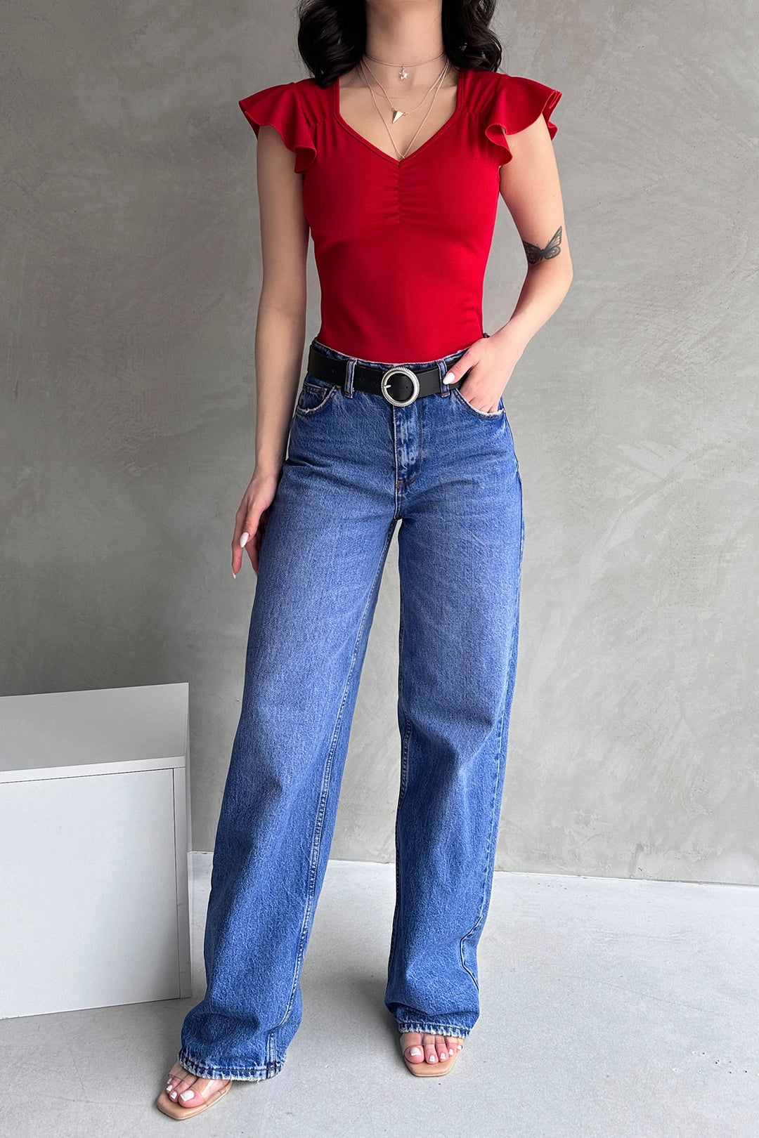 Burgundy V-Neck Crepe Blouse with Ruffle Shoulder Detail BCDF-252168 - Tyler