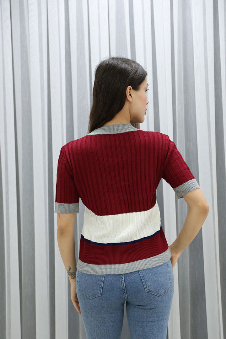 Burgundy V-Neck Color Block Buttoned Knit Blouse BCES-252013 - Sidcup