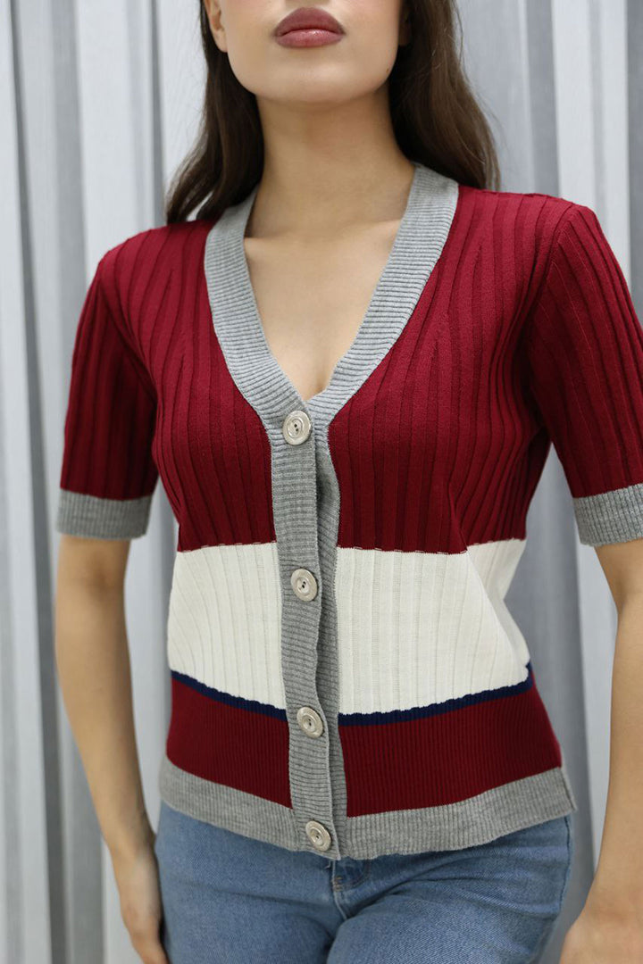 Burgundy V-Neck Color Block Buttoned Knit Blouse BCES-252013 - Sidcup