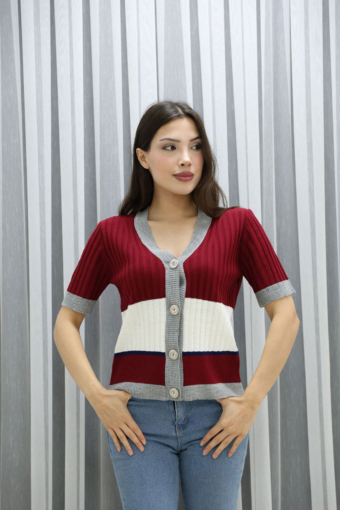 Burgundy V-Neck Color Block Buttoned Knit Blouse BCES-252013 - Sidcup