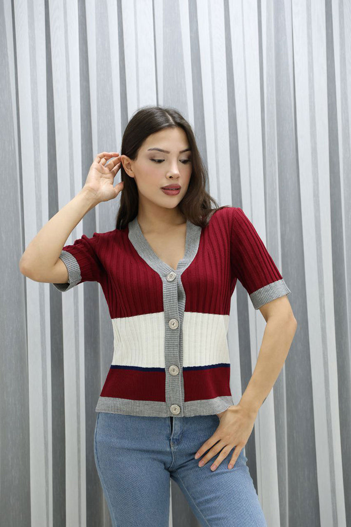 Burgundy V-Neck Color Block Buttoned Knit Blouse BCES-252013 - Sidcup